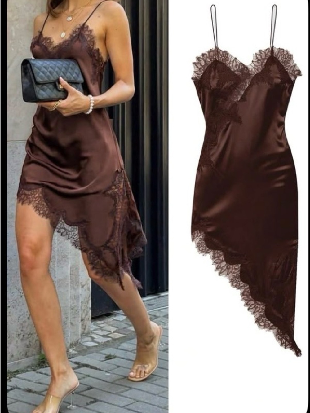 Women’s Brown Satin Lace Slip Dress - Elegant Asymmetric Hem